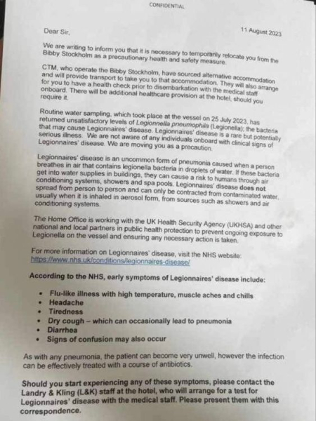 Asylum seekers on board Bibby Stockholm barge not told to stop showering or drinking water despite bacteria, source claims Asylum seekers on board Bibby Stockholm barge not told to stop showering or drinking water despite bacteria, source claims